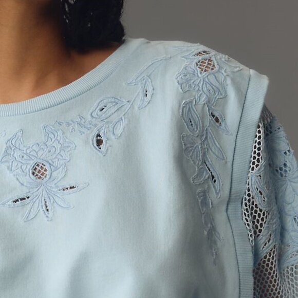 NEW By Anthropologie Embroidered Cutwork Sweatshirt size S blue - Picture 5 of 8